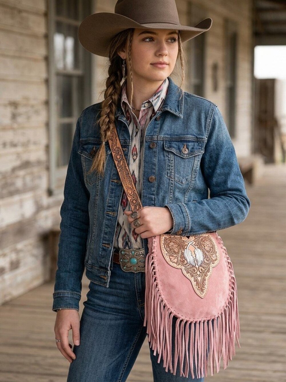 Boho Feather Tooled Pink Crossbody